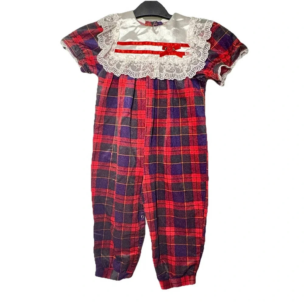 VTG Romper Flannel Jumpsuit‎ With Lacy Collar Sz 24 Mo Red Plaid